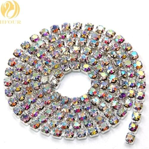 New arrival 5yard/pack High quality Sliver base AB Color glass crystal Rhinestones Cup Chain DIY Wedding decoration Accessories