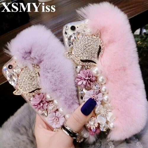 XSMYiss Warm Fluffy Rabbit Fur Bling Diamond Pearl jewelry Case Cover For Samsung S6 S7 S8 S9 S10 PLUS S10 Lite Note5 8 9