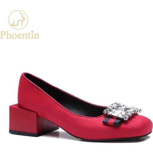Phoentin rhinestone high heel pumps flock slip-on shoes women square heels Ladies anti-slip loafers yellow red plus size FT746