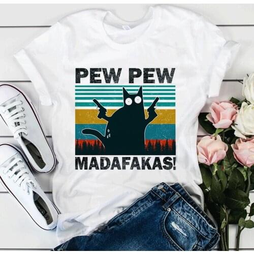Pew Madafakas Black Cat Funny T-shirt Women Cat Gangster With Gun Meme Retro T Shirt Short Sleeves Humor Gift Top Tshirt Tee