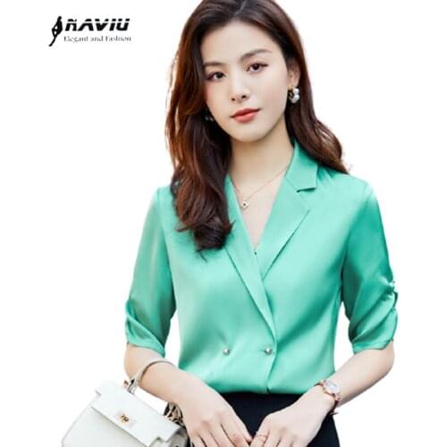 Green Satin Shirt Women 2021 Summer New Thin Professional Temperament Half Sleeve Chiffon Blouses Office Ladies Work Tops