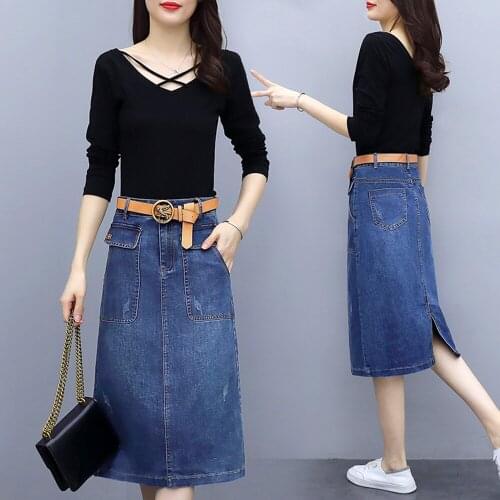 New Spring Summer Autumn Women Skirts Plus Size 4XL Solid Casual Loose Over Hips Pockets Jeans For Females Denim Midiskirt