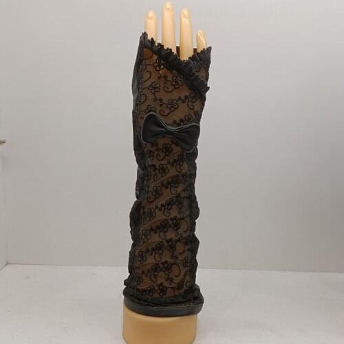 Women Autumn Genuine Gloves Without Finger Lace Long Arm Warmer Fingerless Genuine Sheepskin Leather Glove Female