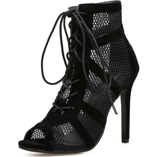 New Arrival Womens High Heel Shoes for 2021 Summer Solid Mesh Air Females Sandals Crossover Strap Peep-toe Lady Stiletto Heels