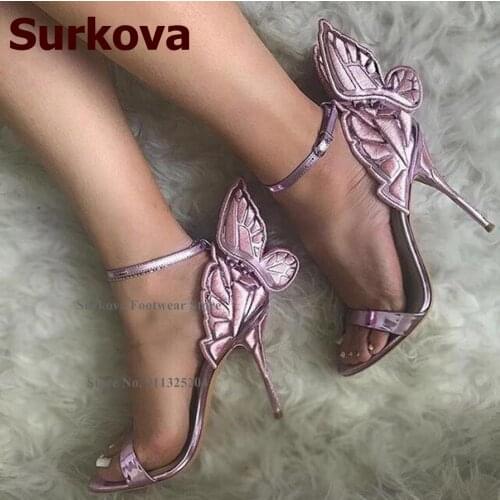 Surkova Women Big Butterfly High Heel Sandals Wing Shaped Floral Embroidery Luxury Wedding Shoes Vogue Dress Pumps Size42
