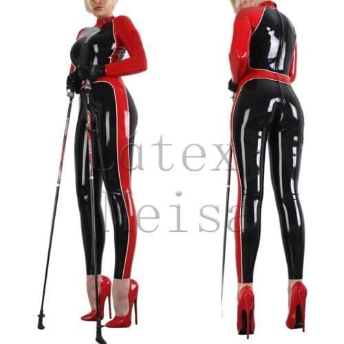 Black with red trim color latex catsuit female tight jumpsuit teddies with handmade crafts