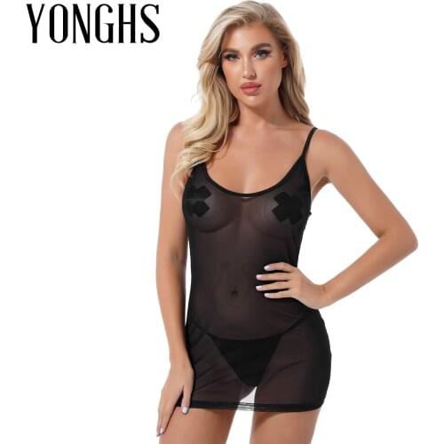 Womens Erotic Lingerie Adjustable Spaghetti Straps Sleeveless Dresses See-through Mesh Dress Vacation Beach Bikini Cover Ups