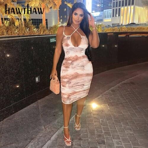 Hawthaw Women Summer V Neck Sleeveless Halter Bodycon Printed Package Hip Pencil Dress Sundress 2021 Female Clothing Streetwear