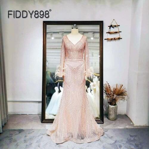 Luxury Mermaid Evening Dress Elegant Long Sleeve Party Dress Crystal Beaded Formal Evening Gown robe de soirée de mariage