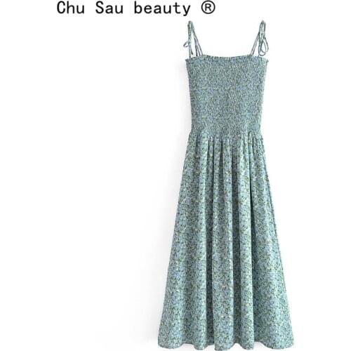 New Fashion Small Fresh Style Floral Printed Sling Dress Women Summer French Vintage Slash Neck Slim Midi Dresses Female