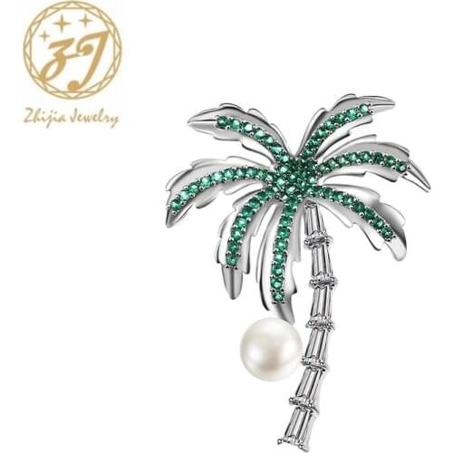 Zhijia elegant delicate rhinestone pearl coconut tree pins brooches for women party jewelry accessories