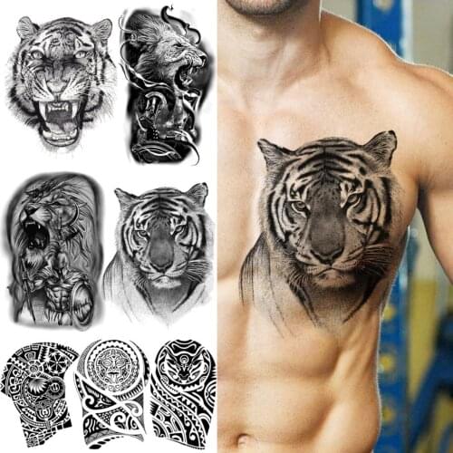 Large Tiger Temporary Tattoos For Men Boys Realistic Lion Maori Totem Fake Tattoo Sticker Chest Arm Waterproof Tattoos Tribal