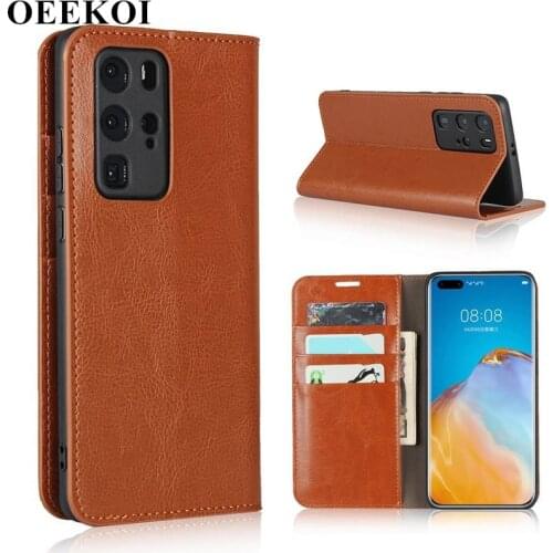 OEEKOI Crazy Horse Genuine Leather Wallet Flip Case for Huawei P40 Pro
