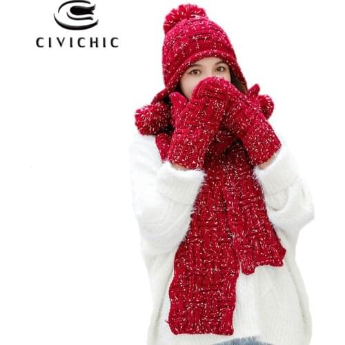 CIVICHIC Fashion Autumn Winter Outdoor 3 Pcs Warm Hat Scarf Gloves Set Women Fleece Headwear Crochet Shawl Velvet Mittens SH131