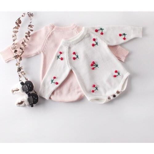 Baby Girl Romper Autumn Newborn Baby Romper Long Sleeve Knitted Baby Clothes Cotton Cherry Infant Baby Jumpsuit Girl Clothes