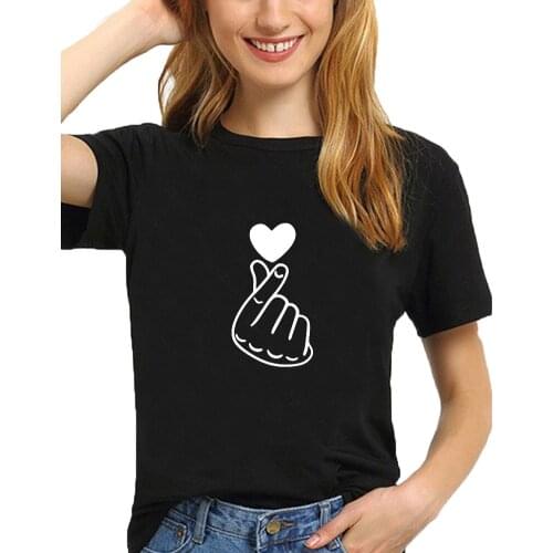 Cute Finger Heart Graphic Tee Shirt Femme Summer Short Sleeve O-neck T Shirt Women Black White Gray Ladies Tops