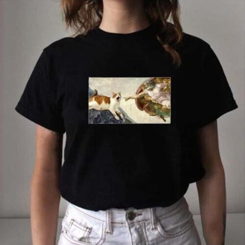 Funny Cat Breaking Into A Famous Paint T Shirt Women Tops Summer Short Sleeve Harajuku Tee Shirt Femme Casual Camiseta Mujer