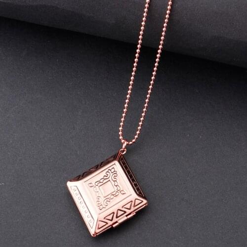Engraved Brass Photo Lockets Necklace Charm Memorial Pendant w/ Beaded Chain