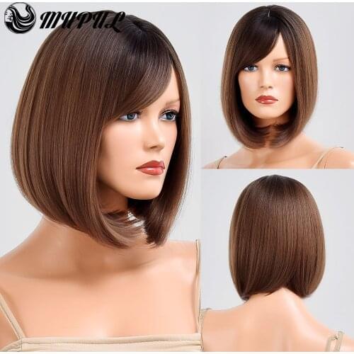Brown Short Ombre Bob Straight Hair Synthetic Wig With Bangs For White Women Nutural Heat Resistant Cosplay Female Fiber Wigs