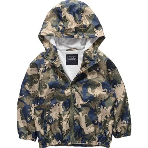 Spring Jacket For Boys Cartoon Dinosaur Print Autumn Hooded Coat Kids Children Jackets Windbreaker Fashion Trench Coat