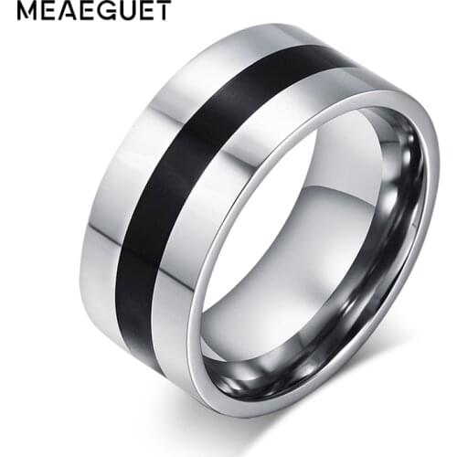 Meaeguet 9mm Wide Stainless Steel Wedding Rings With Black Enamel Design High Polished Rings For Men Jewelry USA Size