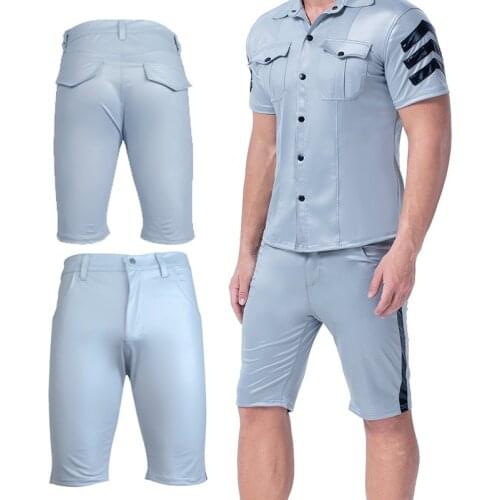 Mens Shiny Sexy Blue Boxer Shorts Patent Leather Long Leg Short Panties Nightclub Shorts