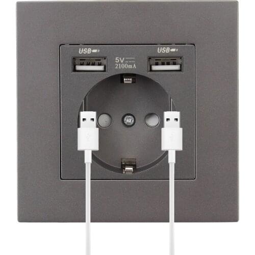 Wall EU USB Power Socket 16A Sockets Grounded with USB Chagring Port 5v 2.1A 110-250V Power PC Panel Outlet Electrical Outlet