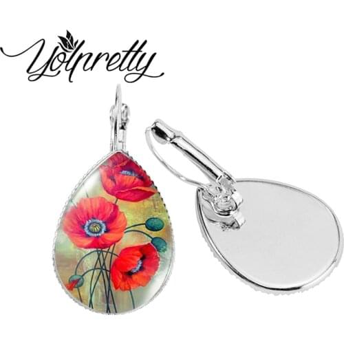 2021 New Red Poppies Flower Oi Painting Tear Drop Earrings Beauty Red Flowers Paintings Patterns Glass Cabochon Clip Earrings