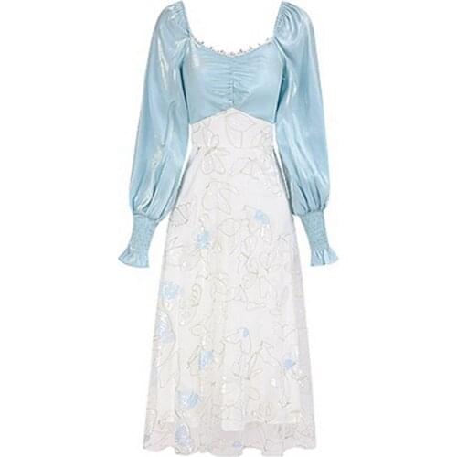 Pastel Luxurious Net Yarn Vestidos Trendy Embroidery Elegant Robe Spring Fall A-line High Slim Waist Party Long Dress Women