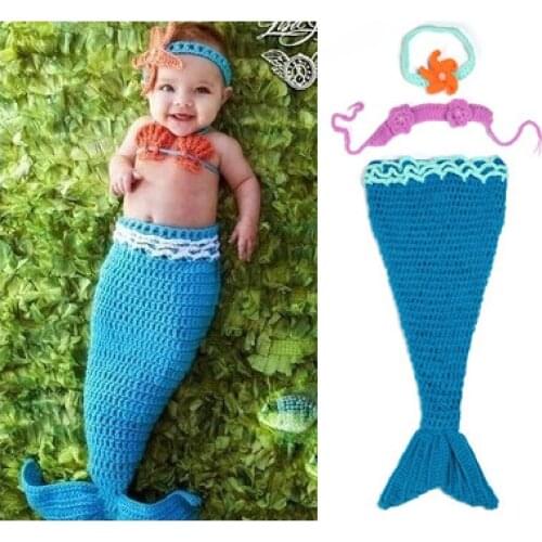 Mermaid Baby Crochet Clothes Newborn Photography Props Premature Receiving Blanket Swaddling Girl Bikini Infant Overall Hairband