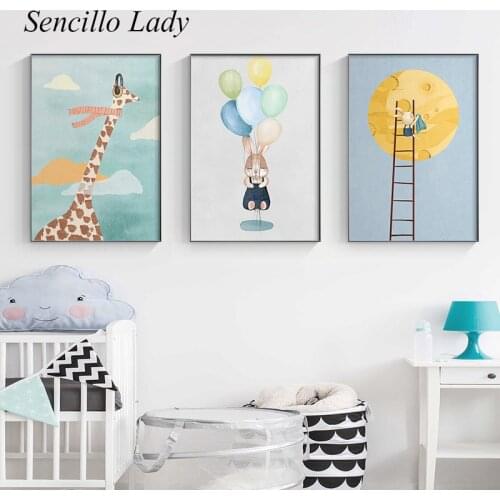 Child Poster Giraffe Bunny Animal Cartoon Illustration Nursery Print Canvas Art Painting Nordic Kid Baby Room Decoration Picture