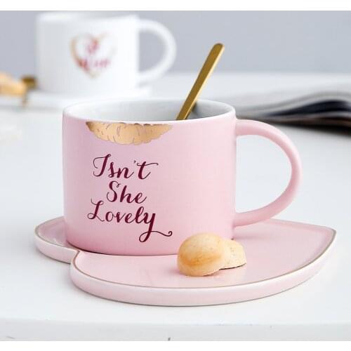 Luxury Nordic Ceramic Coffee Cup with Spoon Minimalist Pink Office Afternoon Tea Cups Home Porcelain Cup and Saucer Set MM60BYD