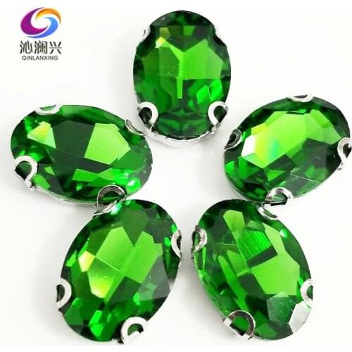 Grass green oval shape Glass Crysta sew on D shape Anti hook claw rhinestones with holes,Diy/Clothing accessories SWTD20