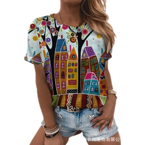 3D Cartoon Fairy Tale House Women T Shirts 2021 New Summer Short Sleeve O-Neck Tops Casual Streetwear Ladies Plus Size Top Tee
