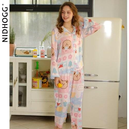 2021 Lovely Satin Pajamas Long-sleeved Trousers Lounge Wear Cartoon Print Viscose Sleepwear Lapel Two Piece Set Sexy Nightwear