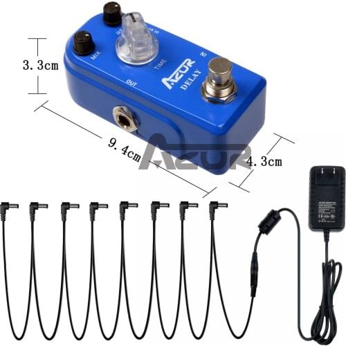 AZOR AP-306 Delay Guitar Effect Pedal Ture Bypass and 9V 1A Power Charger Adapter and 8 Heads Connector Cable Guitar Accessories