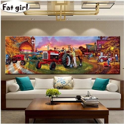 Large size 5d Diy Diamond Painting Farm Tractor scenery Full Square round Drill Cross Stitch Diamond Embroidery mosaic wall art