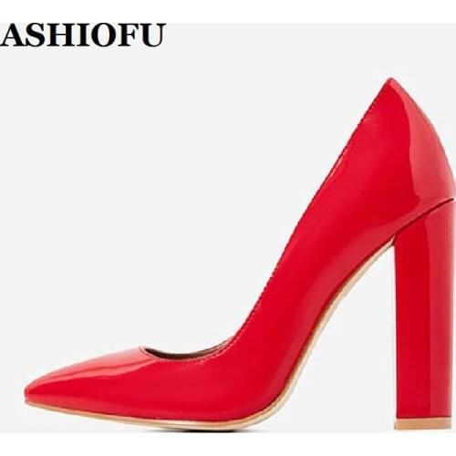 ASHIOFU New Handmade Chunky Heel Womens Pumps Patent Leather Wedding Party Dress Shoes Slip-on Evening Club Fashion Court Shoes
