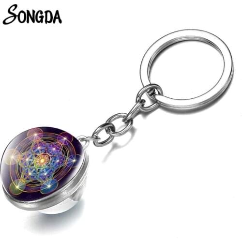 Romantic Metatron Cube Geometry Flower Key Chains Charm Magic Hexagram Glass Ball Key Ring Jewelry Time Gems Keyrings Bag