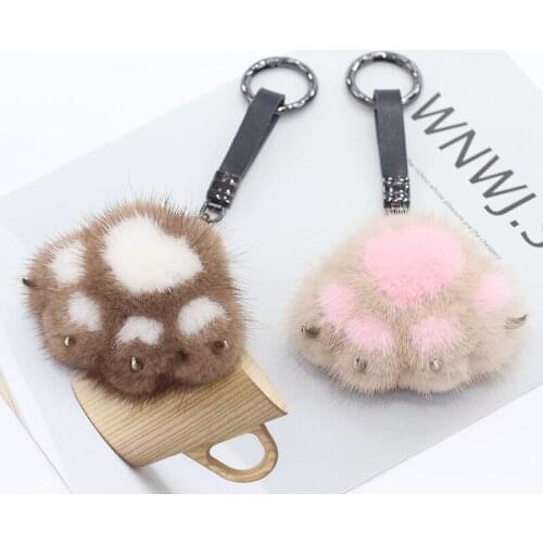 Key-Ring Car Women Bag Hang Pendant Real Mink Fur Cute Cat Paw Accessories Pendant 9 colors