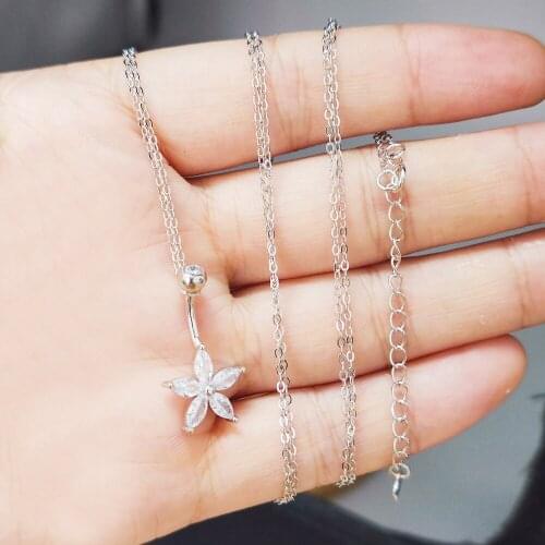 925 sterling silver Charming Flower Shape CZ Belly Button Ring 14G Navel Chian Piercing Jewelry Dangle Waist Body Chain