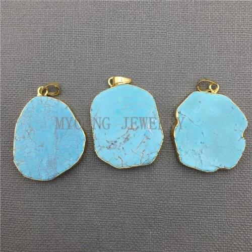 Freeform Turquoises Slice Pendant With Gold Electroplated Bail ,Natural Stone Howlite Charm MY0351