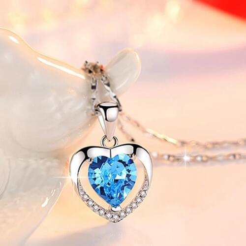 KOFSAC New Fashion 925 Silver Necklaces For Women Wedding Charm Blue Crystal Love Heart Pendant Necklace Lady Engagement Jewelry