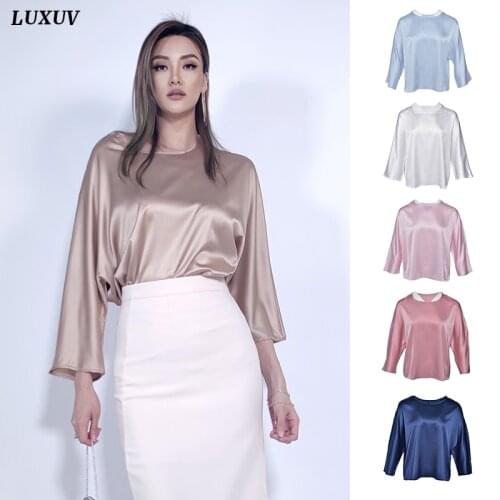 LUXUV Womens Shirt Imitation Silk Satin Blouses Coat Bright Shiny Drape Clothing Ladies Straight Smooth Vintage Soft Top Jacket