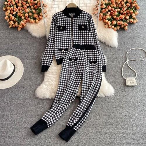 Fashion Casual Outfits Autumn Winter Korean Loose Plaid Knitted Zipper Sweater Jacket + High Waist Pants Two-Piece Sets