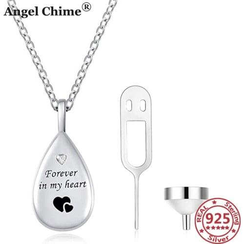 Angel Chime 925 Sterling Silver WaterDrop Urn Necklace for Ashes Memorial Heart Pendant Pet Ash Casket Cremation Holder Necklace