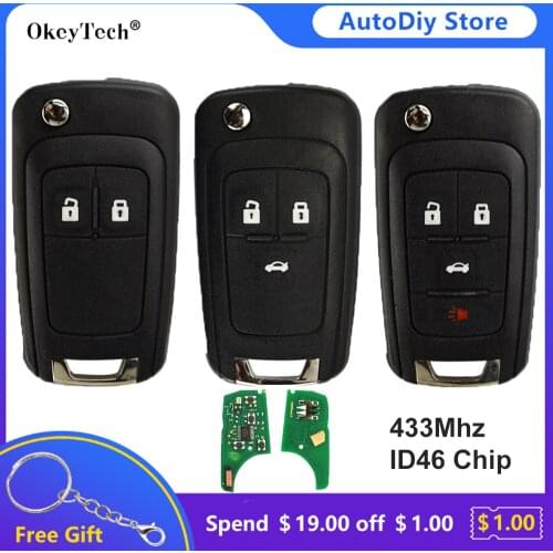 OkeyTech 433Mhz ID46 Chip Flip Remote Key For Opel/Vauxhall Astra J Corsa E Insignia Zafira C 2009-2015 Uncut Blade 2/3/4 Button