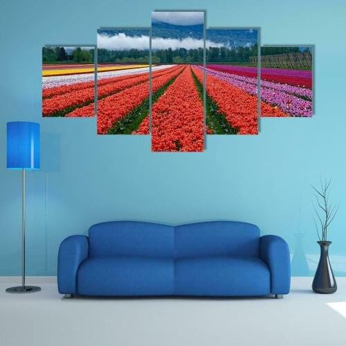 Tulip Festival Netherland 5 Panel Canvas Picture Print Wall Art Canvas Painting Wall Decor for Living Room Poster No Framed