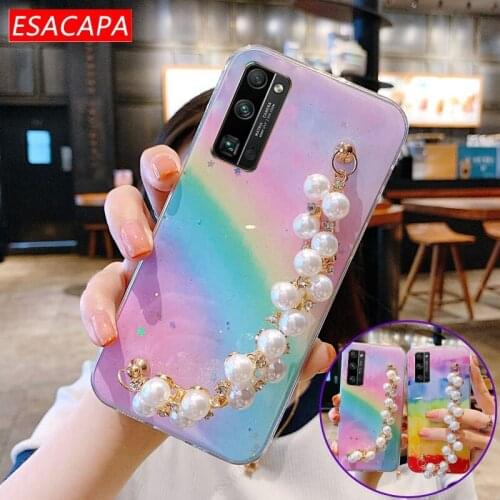 Pearl Wrist Chain Silicone Cover For Huawei Honor X10 V30 9A 9X 30 Pro Glitter Rainbow Wristband Phone Case For Honor 20 Lite