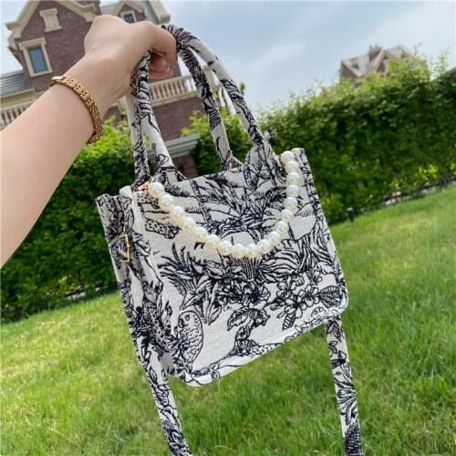 Casual Embroidery Pearl Canvas Handbag Women Large Capacity Handle Bag Elegant Shoulder Bag Shopping Lady Totes Designer Pouch